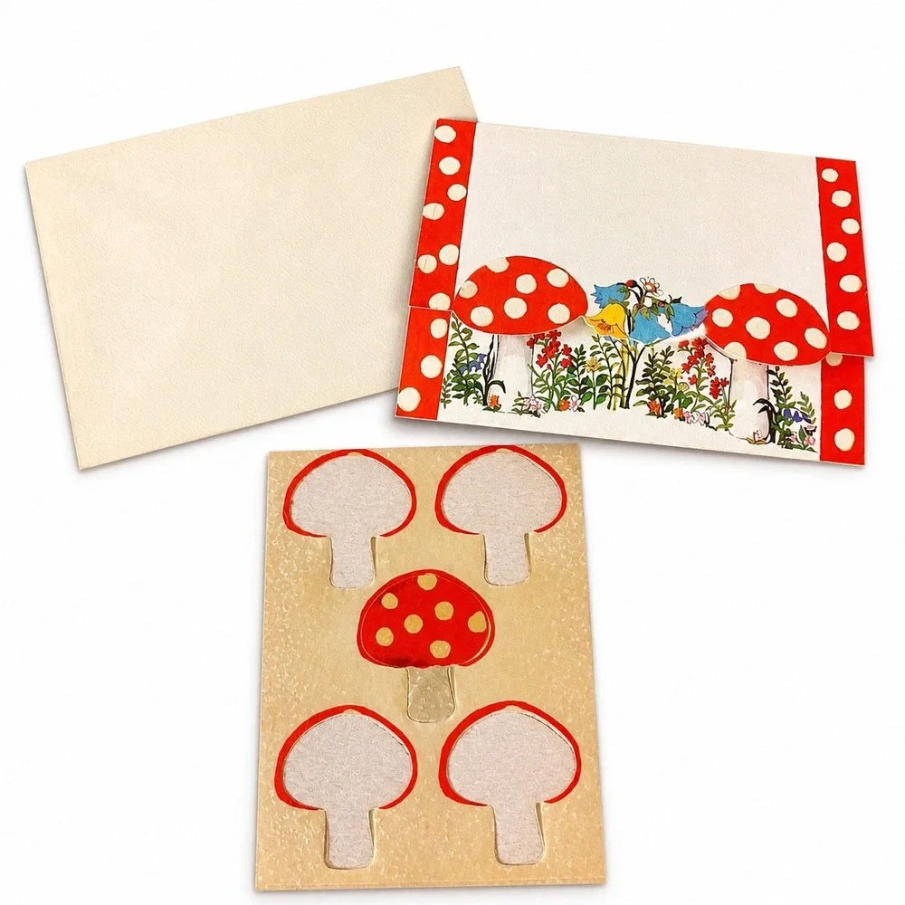 Vintage Mushroom‎ Stationery Ephemera Hallmark 70s Bird Floral Card Seal